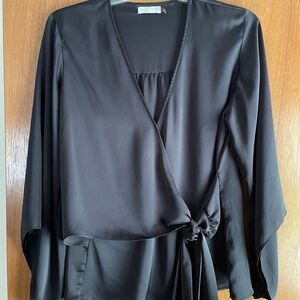 Ramy Brooke Elegant Black Wrap Blouse Women's L